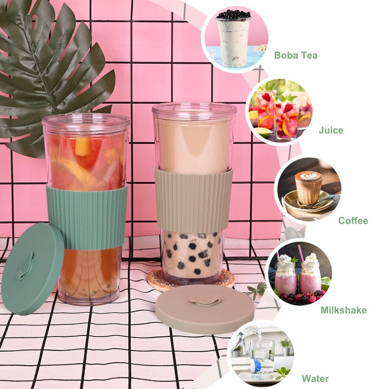 UHAPEER 2 Pack Reusable Boba Tea Cups, 24oz Iced Coffee Cup with Straw and Lid, Leakproof Clear Plastic Cups Tumbler, Double Wall Insulated Smoothie Tumbler, Wide Straw for Bubble Tea, Cinnamon&Olive - Image 5